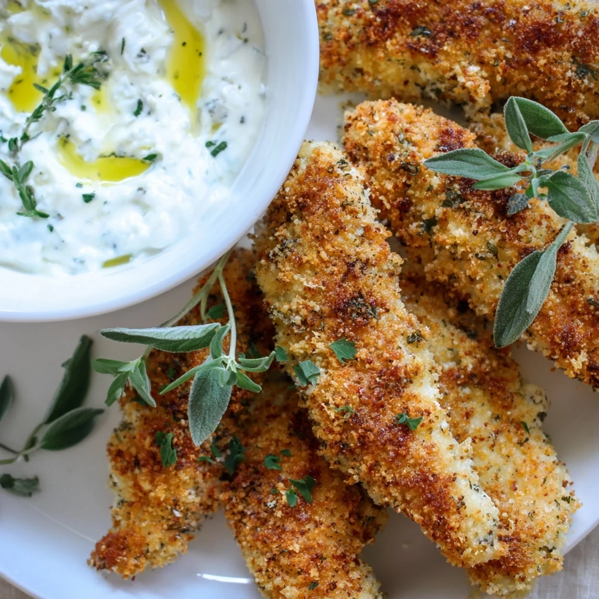Crispy Greek chicken strips golden and herb-crusted on a rustic platter with tzatziki dip