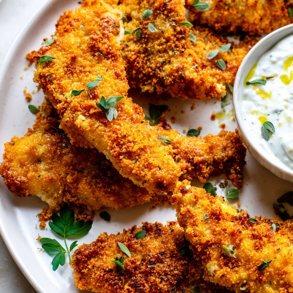 Golden panko-crusted Mediterranean herb marinated crispy Greek chicken strips served fresh and steaming