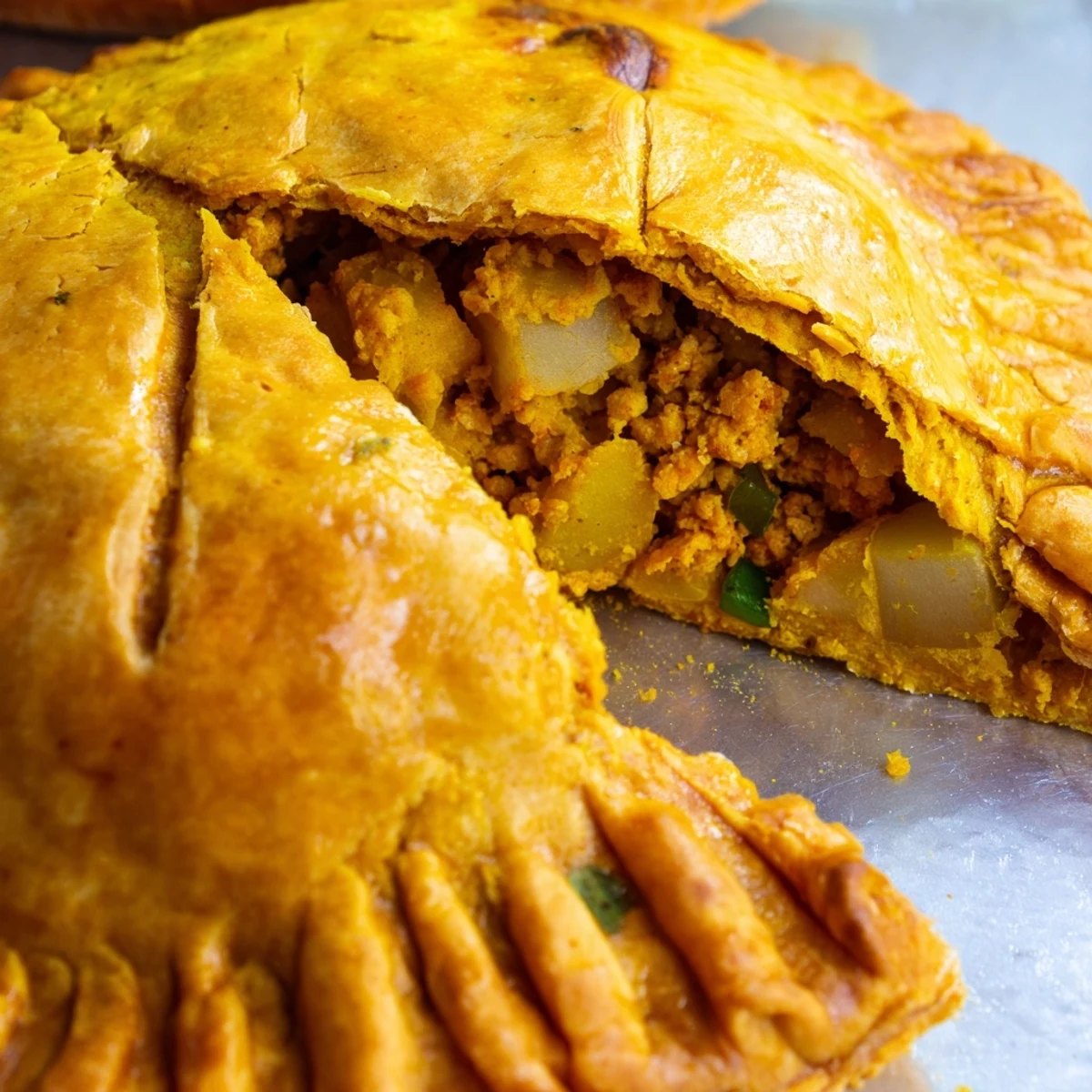 Golden flaky Jamaican Curry Chicken Patties fresh from the oven on parchment paper