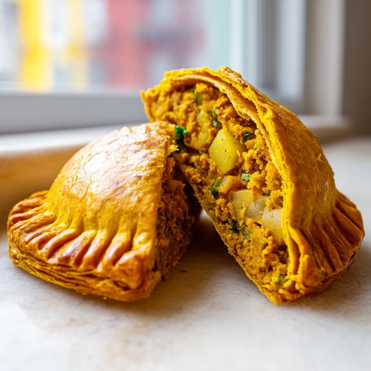 Crispy turmeric-crusted Jamaican Curry Chicken Patties split open revealing spiced filling