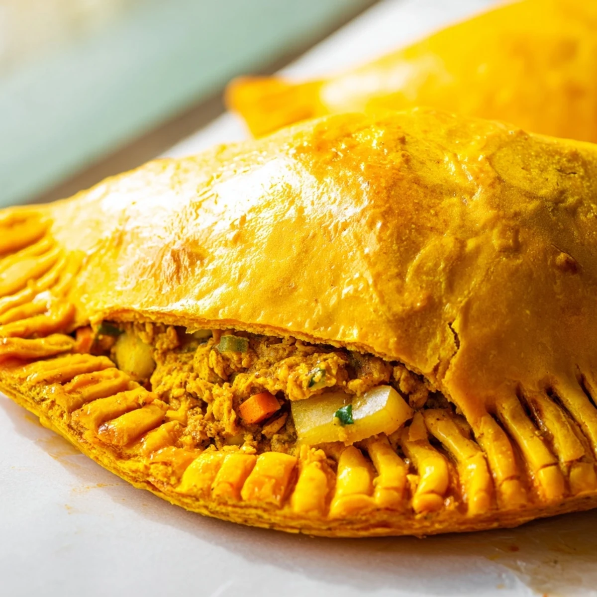 Half-moon Jamaican Curry Chicken Patties arranged on a platter beside mango chutney