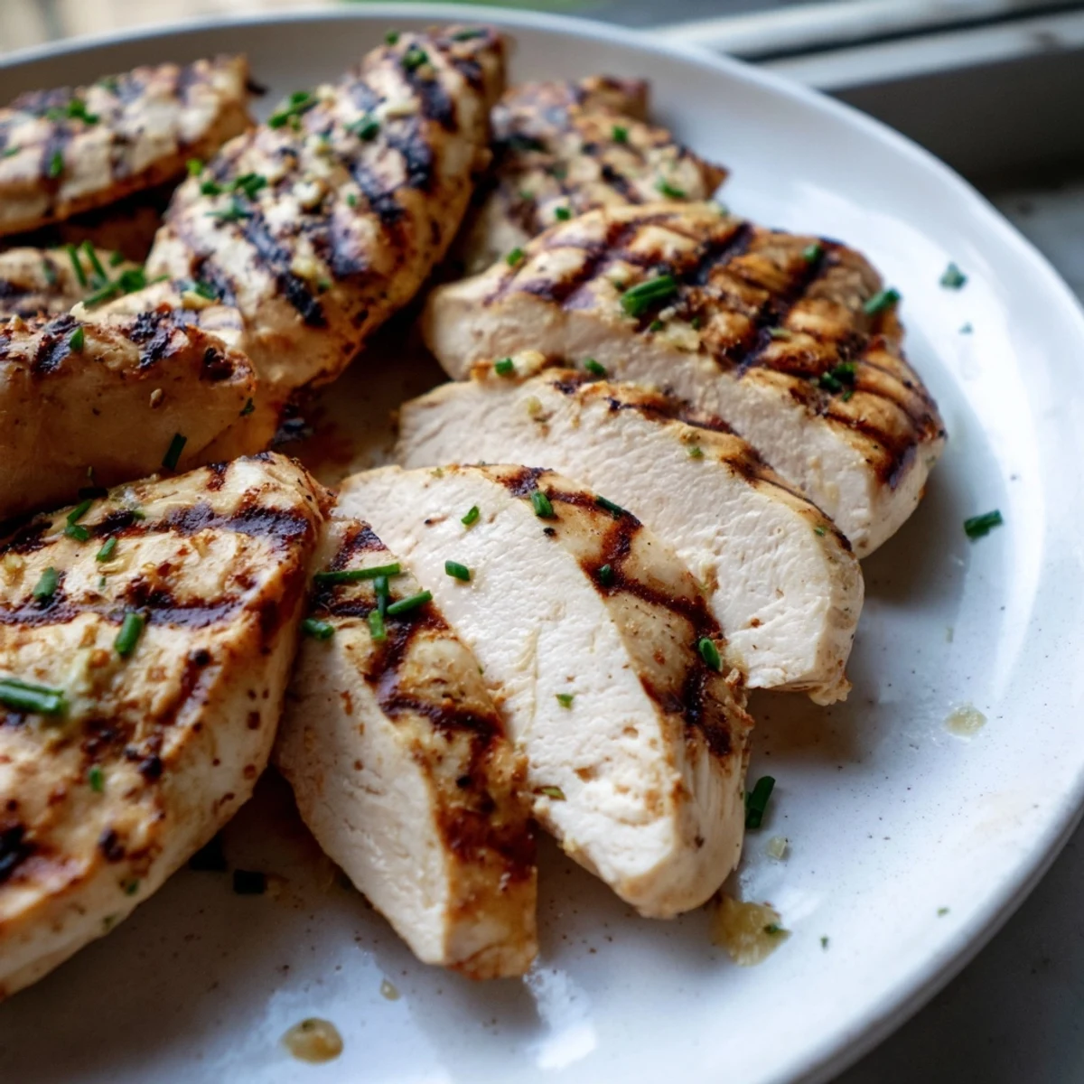 Juicy sliced mayo marinated grilled chicken garnished with fresh parsley and lemon wedges