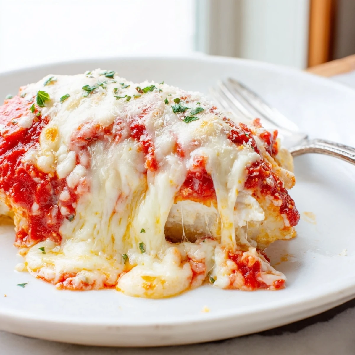 Creamy herb-covered ricotta chicken bake fresh from the oven on a white plate