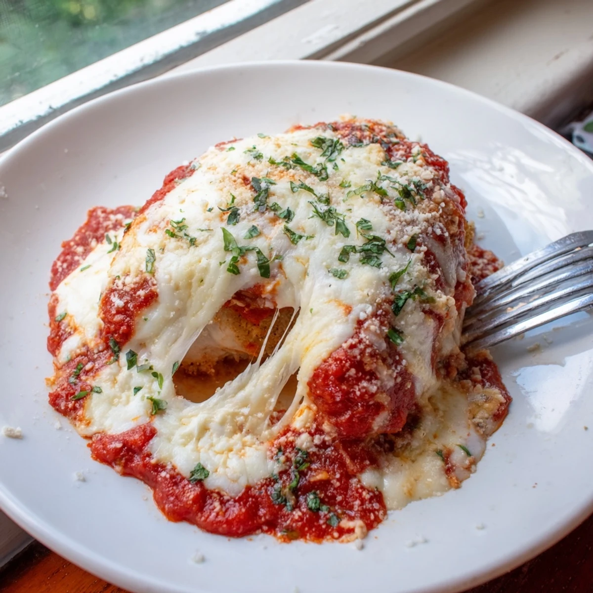 Golden bubbly ricotta chicken bake topped with melted mozzarella and marinara sauce