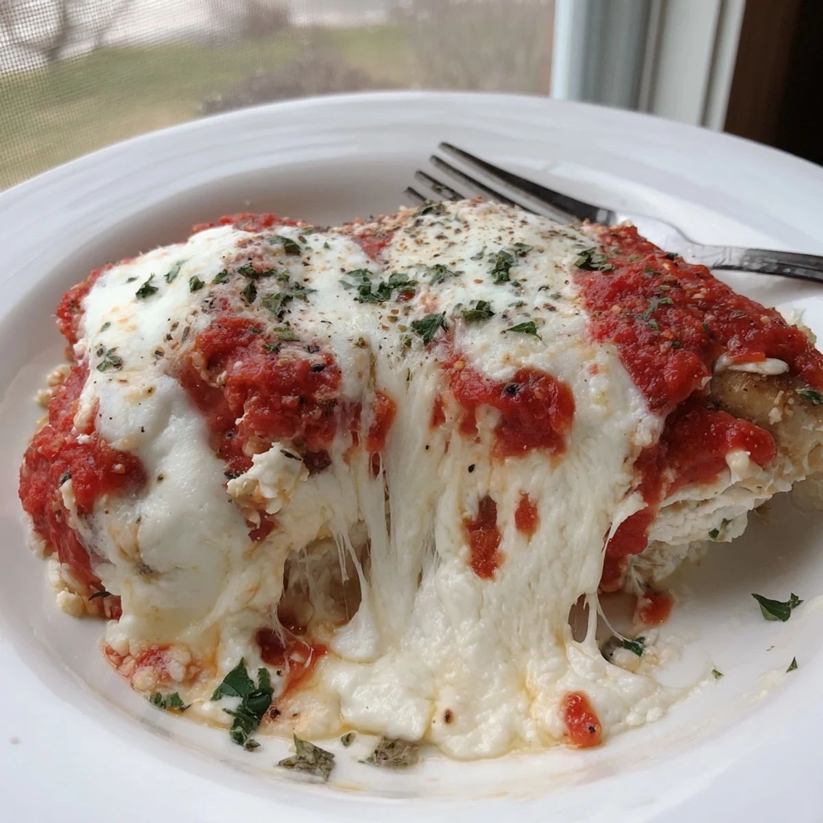 Ricotta chicken bake with golden cheese crust served alongside roasted vegetables and parsley