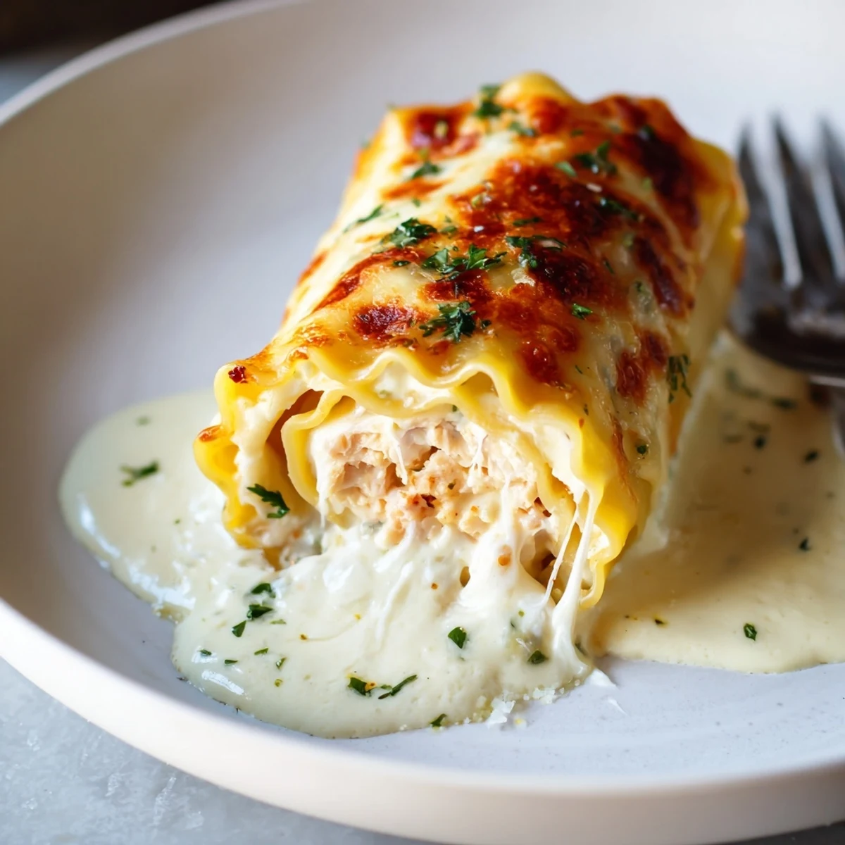 Golden Garlic Parmesan Chicken Lasagna Roll Ups bubbling with melted mozzarella in a cozy baking dish
