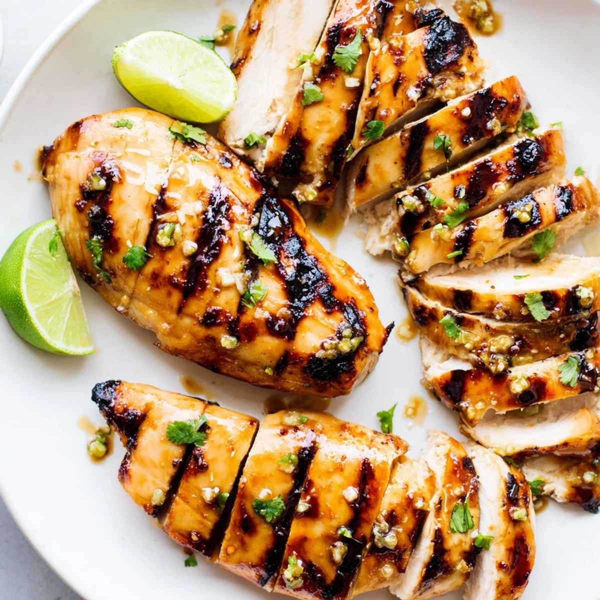 Golden honey lime chicken with charred grill marks on a white plate
