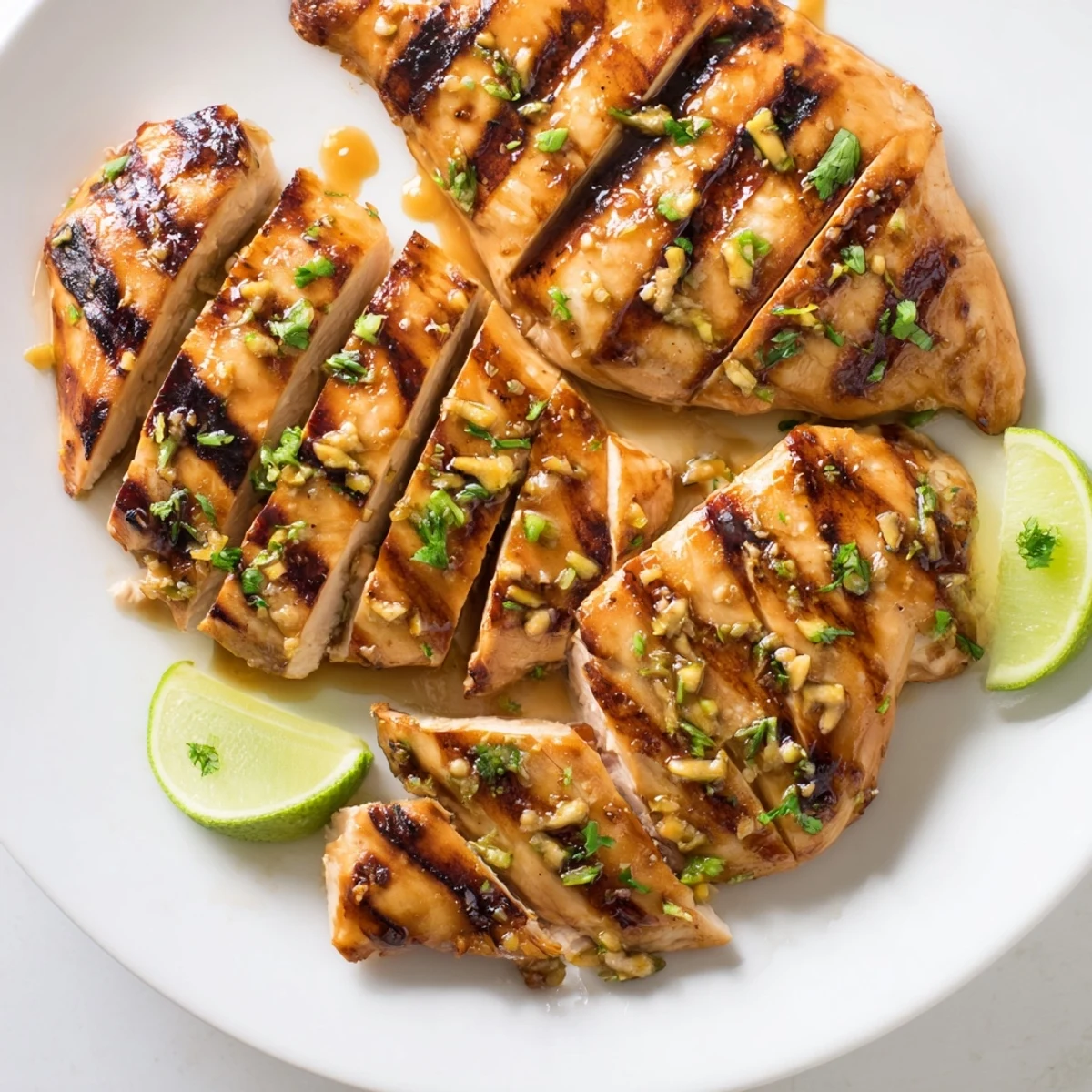Tender honey lime chicken breasts garnished with lime wedges on a rustic cutting board
