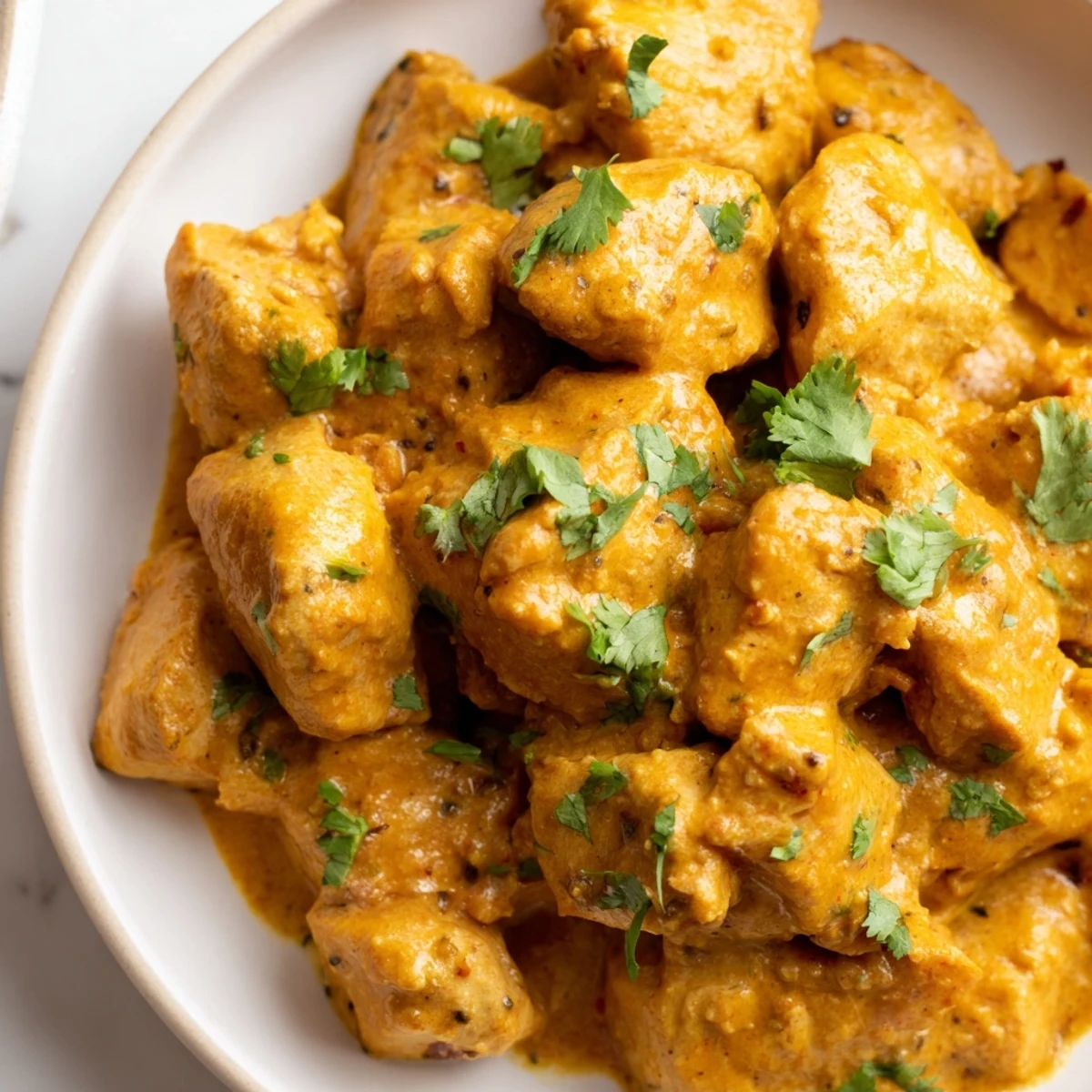 Tender Crockpot Butter Chicken simmering in a golden, spiced tomato cream sauce