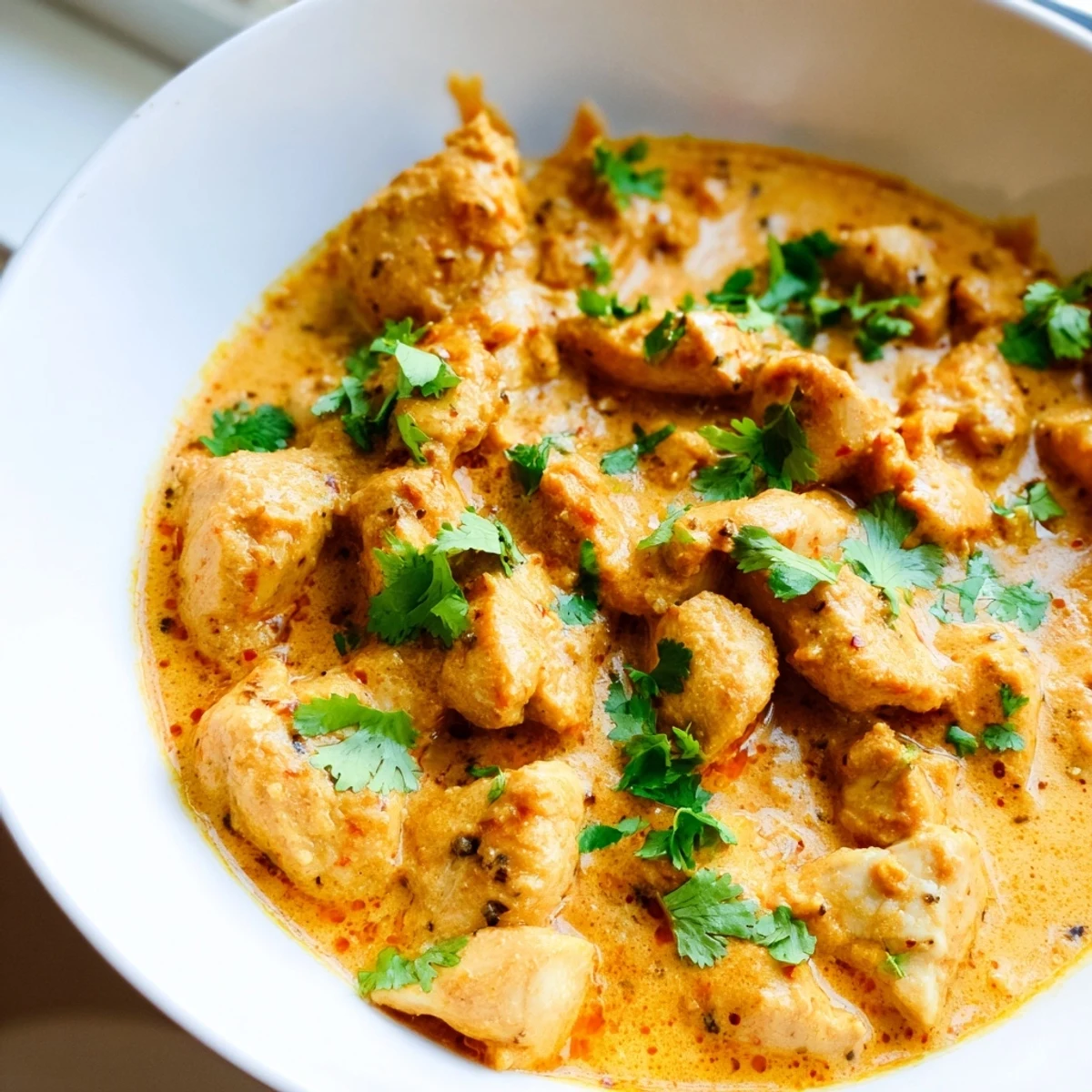 Crockpot Butter Chicken served over fluffy basmati rice with fresh cilantro garnish