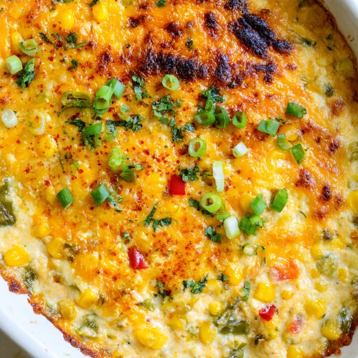 Creamy baked corn jalapeño dip topped with melted cheddar and fresh cilantro