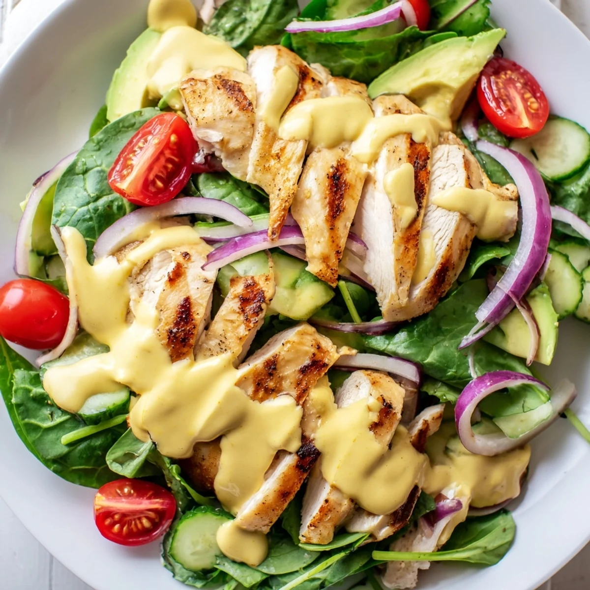 Creamy honey mustard chicken salad with golden sliced chicken over crisp mixed greens