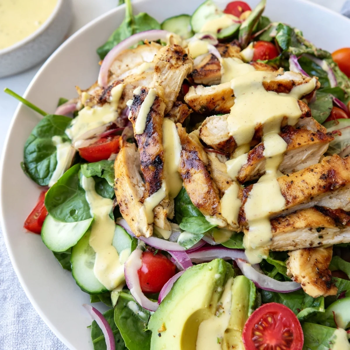 Creamy honey mustard chicken salad in a bowl with vibrant vegetables and luscious dressing