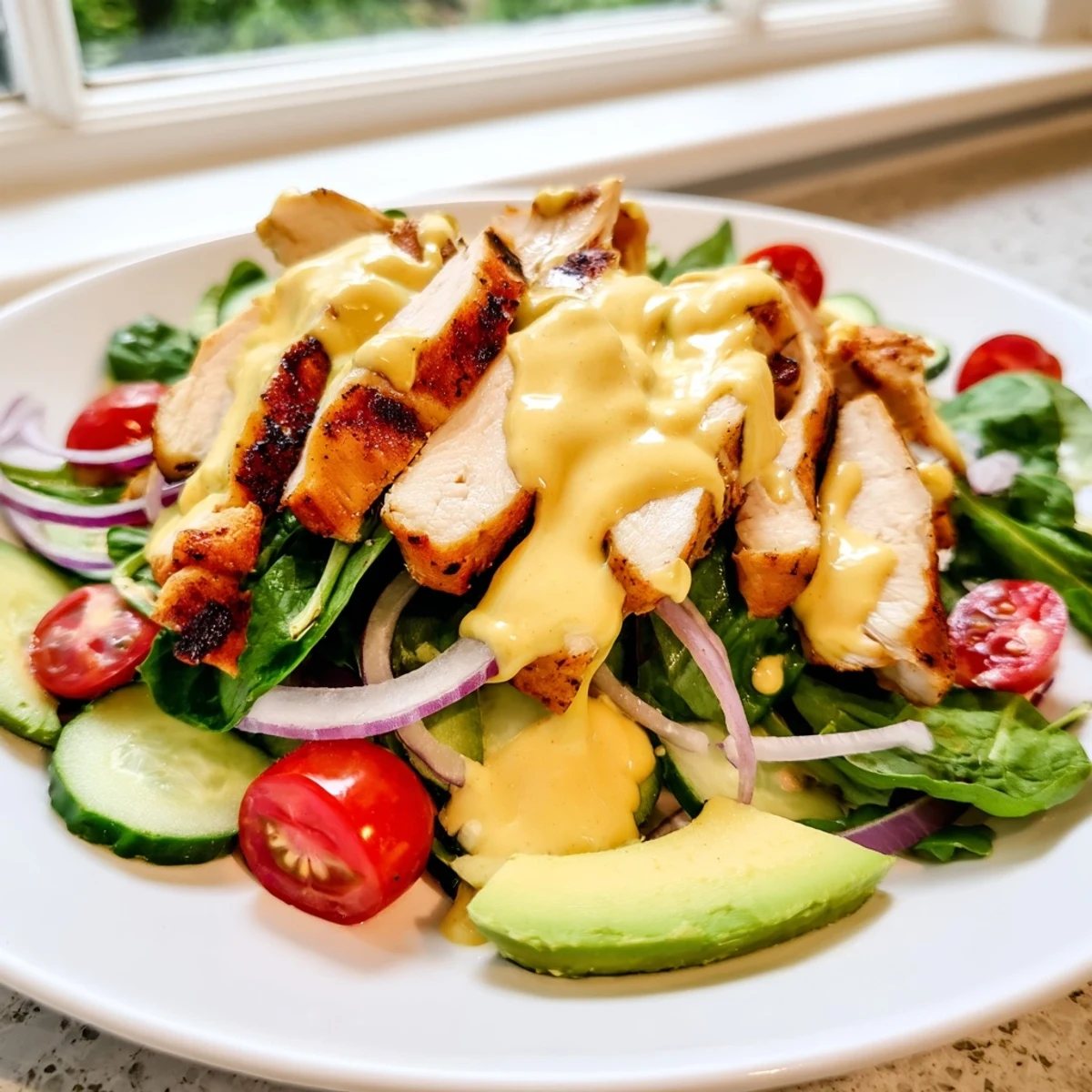 Creamy honey mustard chicken salad drizzled with tangy dressing ripe avocado and tomatoes