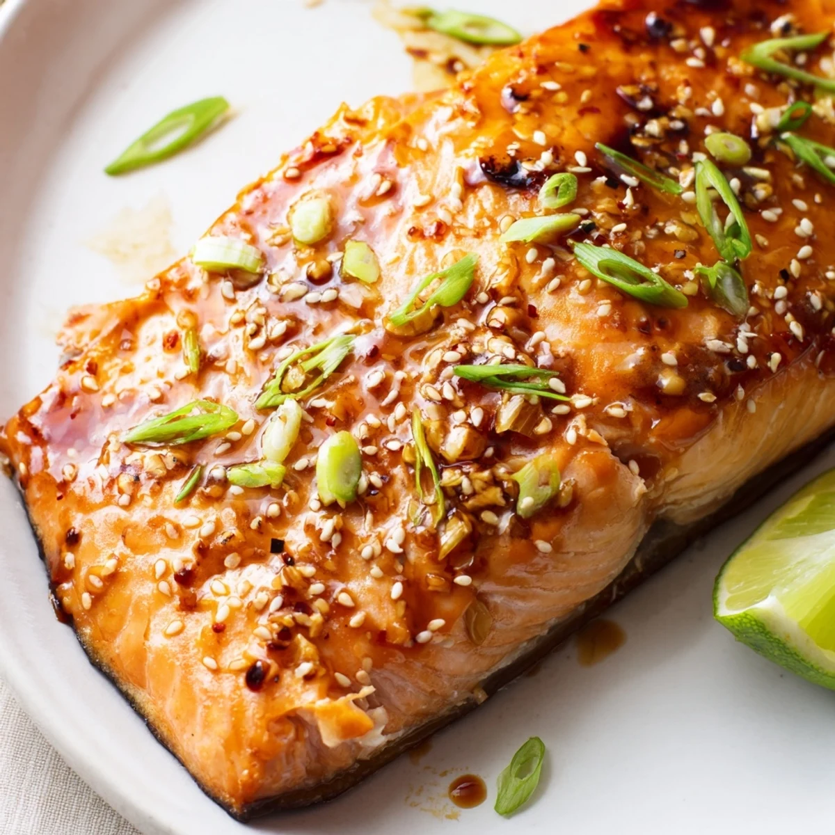 Golden caramelized Baked Asian Salmon glazed with soy, ginger, and sesame on a white plate