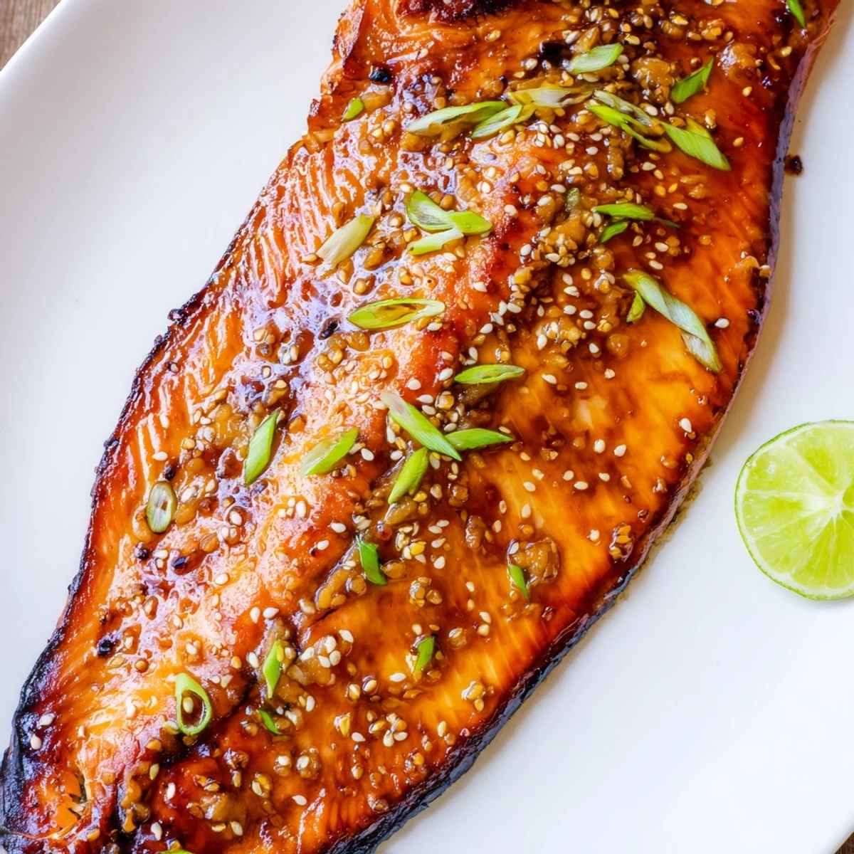 Tender Baked Asian Salmon topped with scallions and sesame seeds, flaking beautifully when served