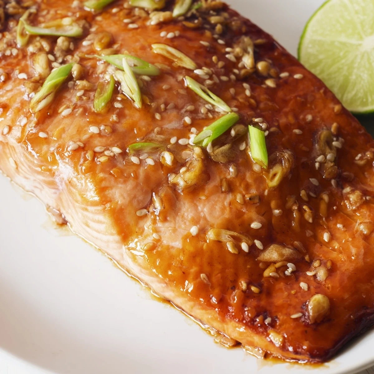 Glossy Baked Asian Salmon fillets drizzled with sticky honey-soy glaze, garnished and ready to enjoy