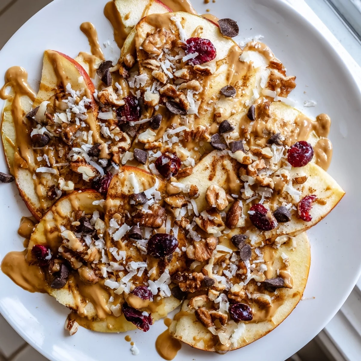 Crispy apple nachos with warm cinnamon tahini drizzle piled on a rustic platter