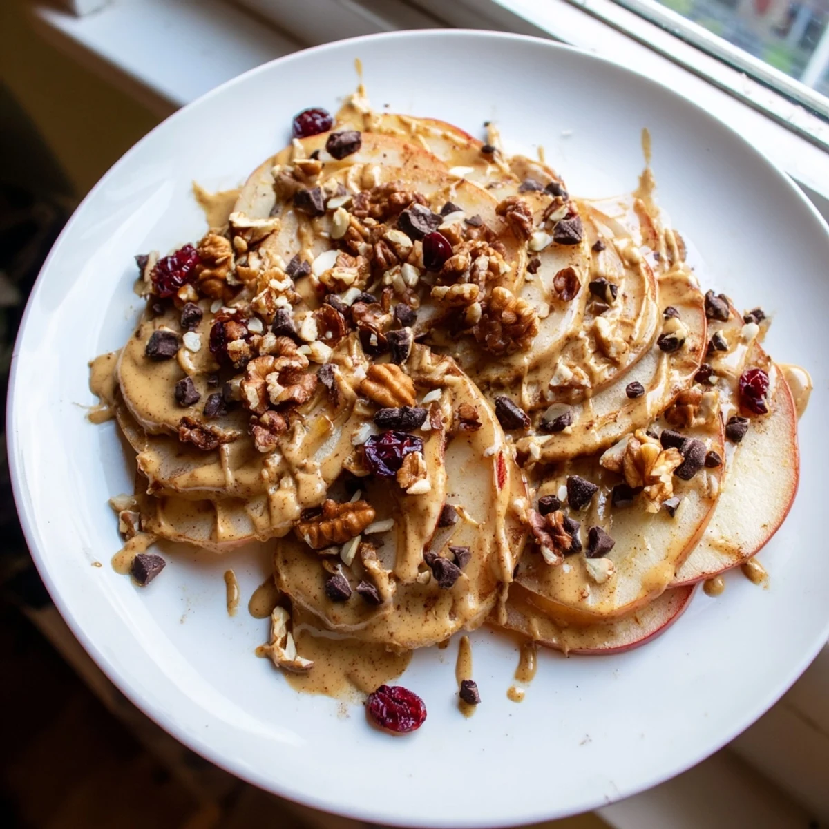 Thin apple slices coated in cinnamon tahini sauce topped with toasted nuts and coconut