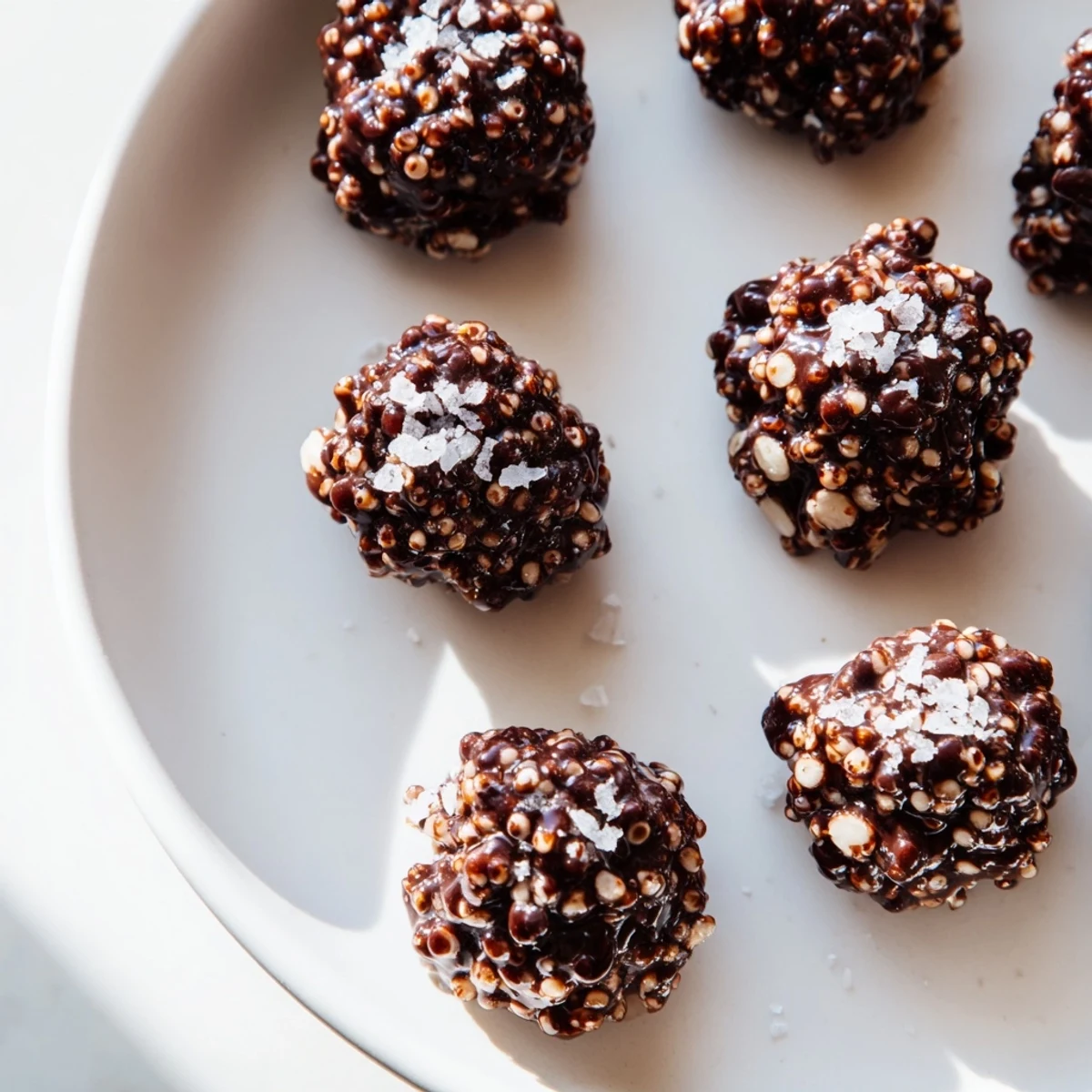Glossy chocolate quinoa crunch bites studded with roasted almonds in a mixing bowl
