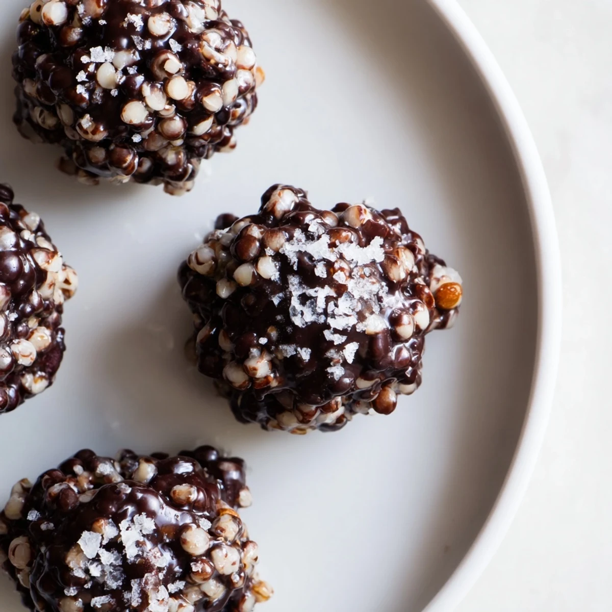 Dark chocolate quinoa crunch bites topped with flaky sea salt on parchment paper