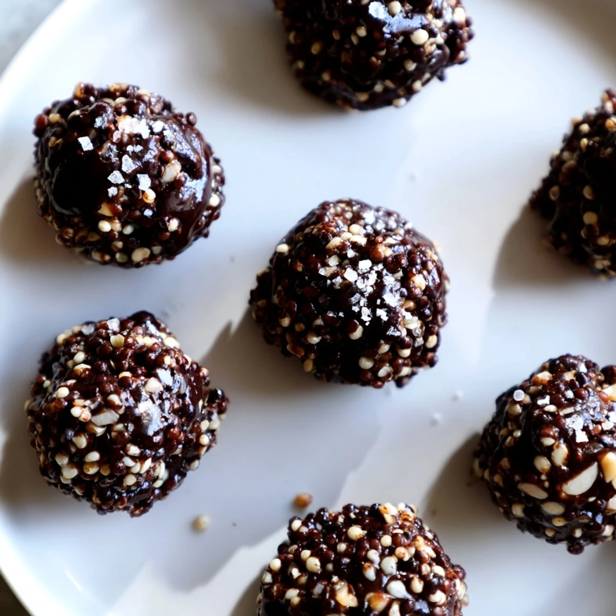 Bite-sized chocolate quinoa crunch treats arranged on a white plate for easy snacking