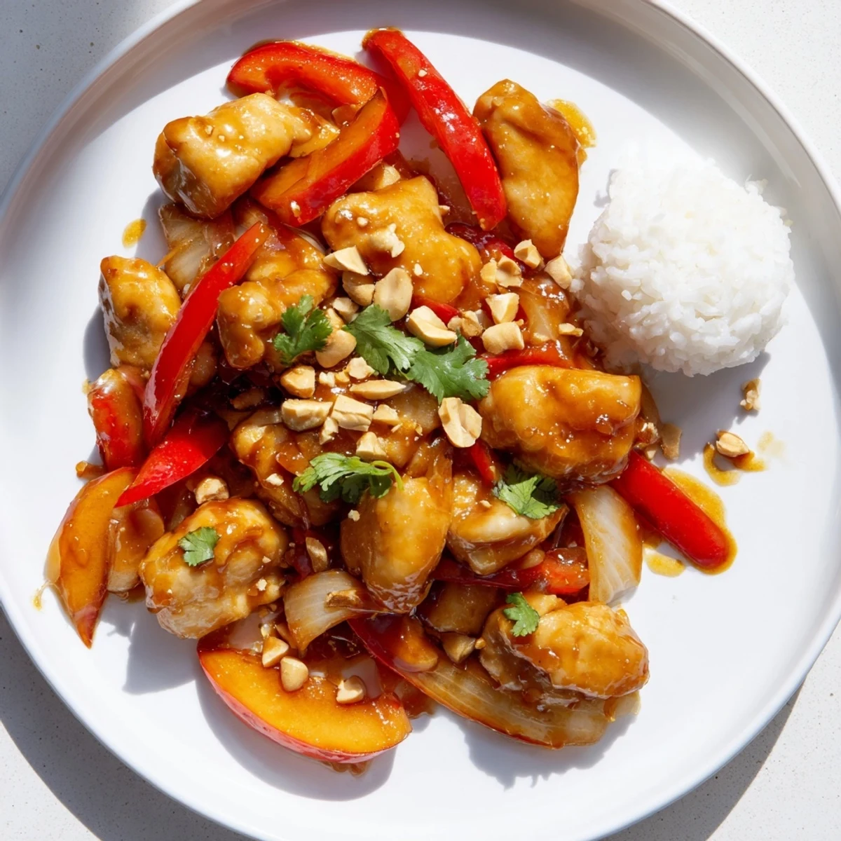 Glossy Thai Peach Chicken in a golden wok with sliced peaches and bell peppers