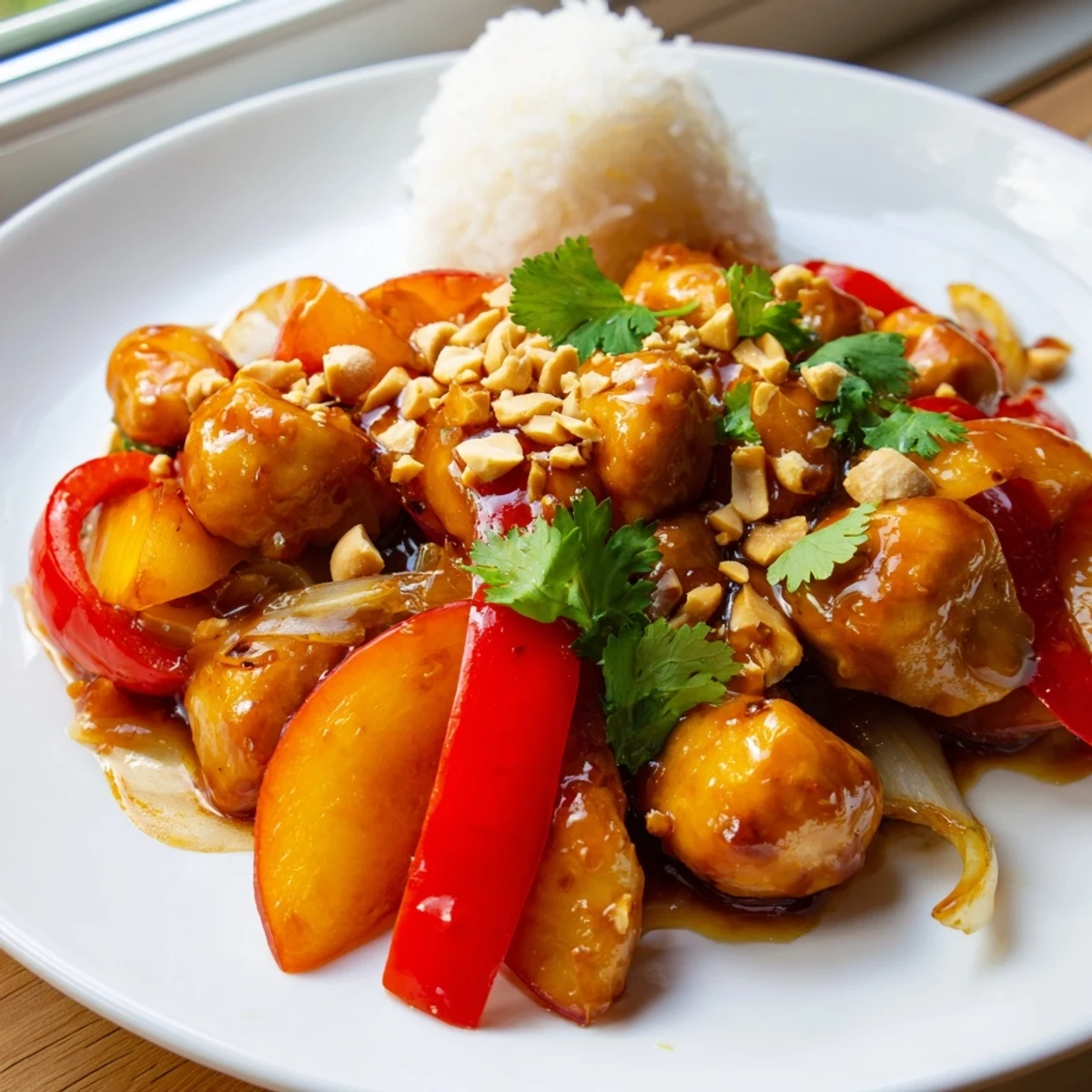 Tender Thai Peach Chicken served over jasmine rice with cilantro and crushed peanuts