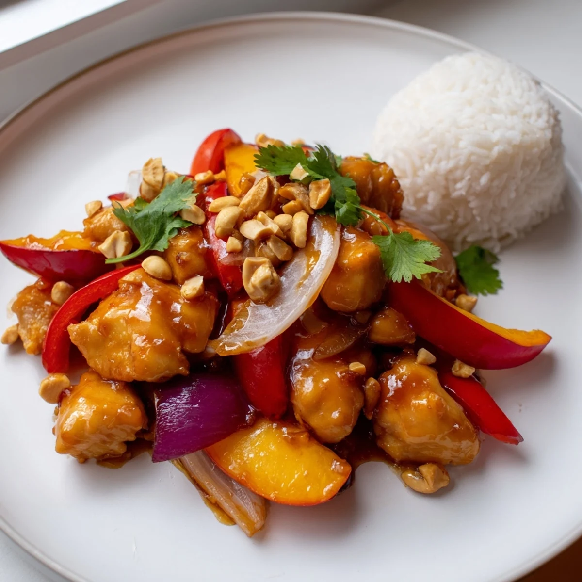 Thai Peach Chicken coated in a tangy sweet chili sauce with vibrant colorful vegetables
