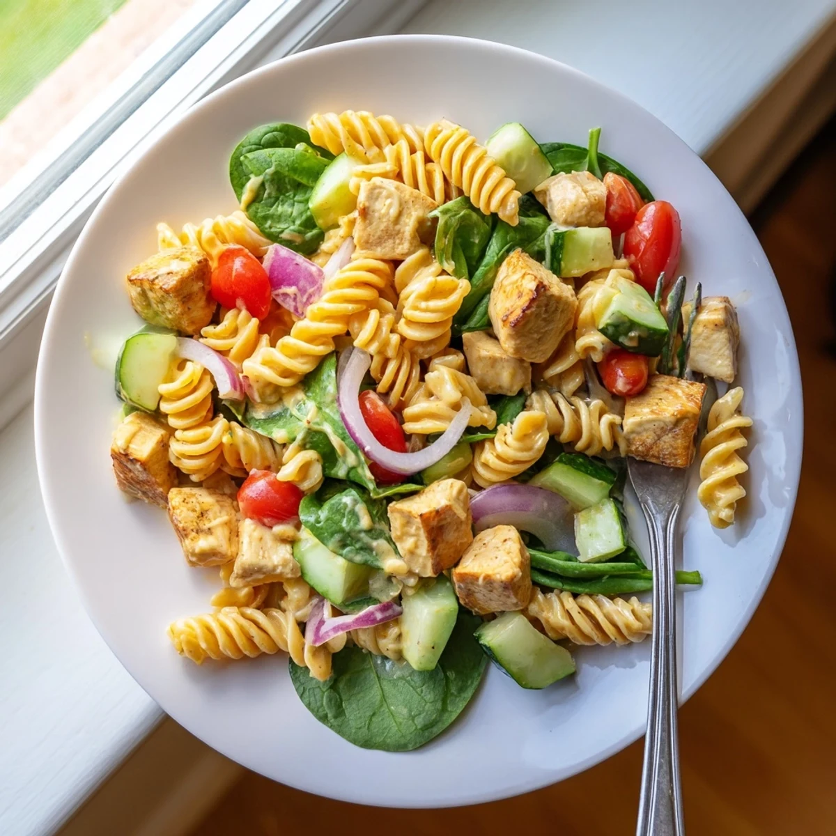 Honey Mustard Chicken Pasta Salad in a large bowl with vibrant cherry tomatoes and spinach