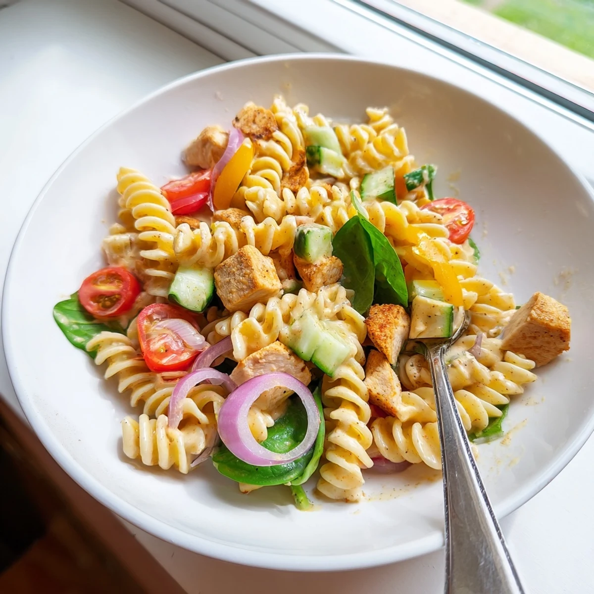 Creamy honey mustard chicken pasta salad topped with crisp cucumbers and colorful bell peppers