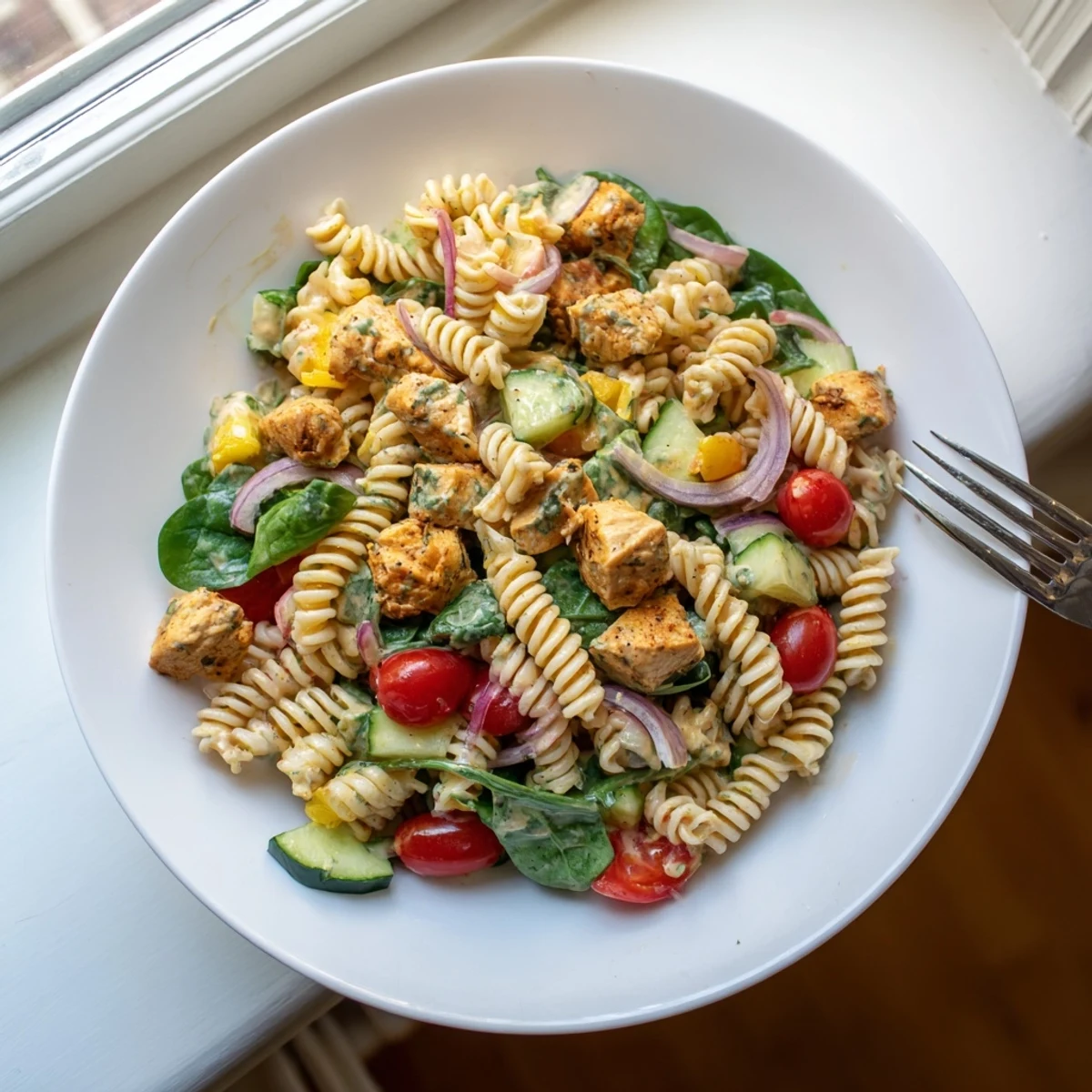 Close-up of honey mustard chicken pasta salad drizzled with glossy golden dressing on a platter