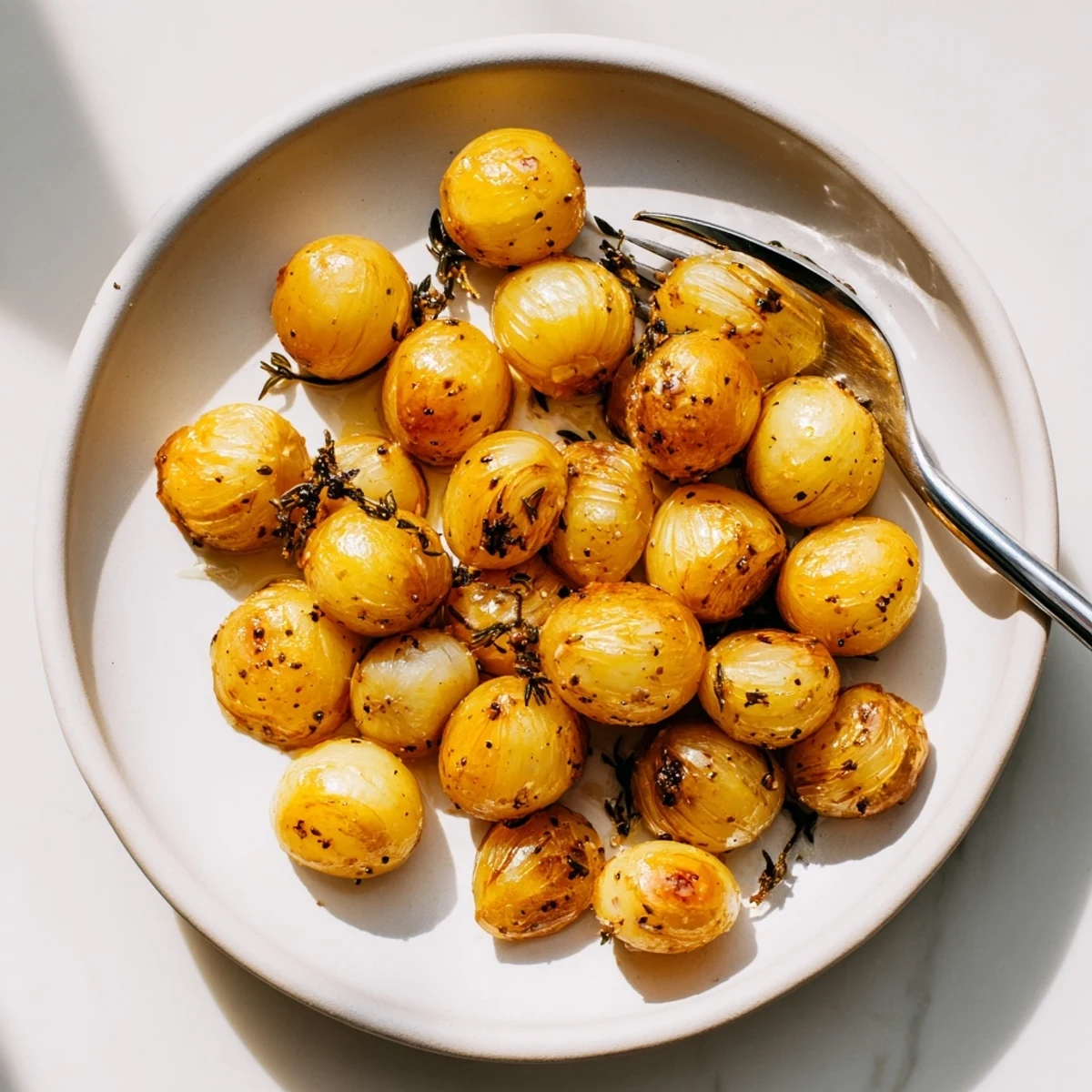 Air fried pearl onions glistening with olive oil and scattered fresh thyme