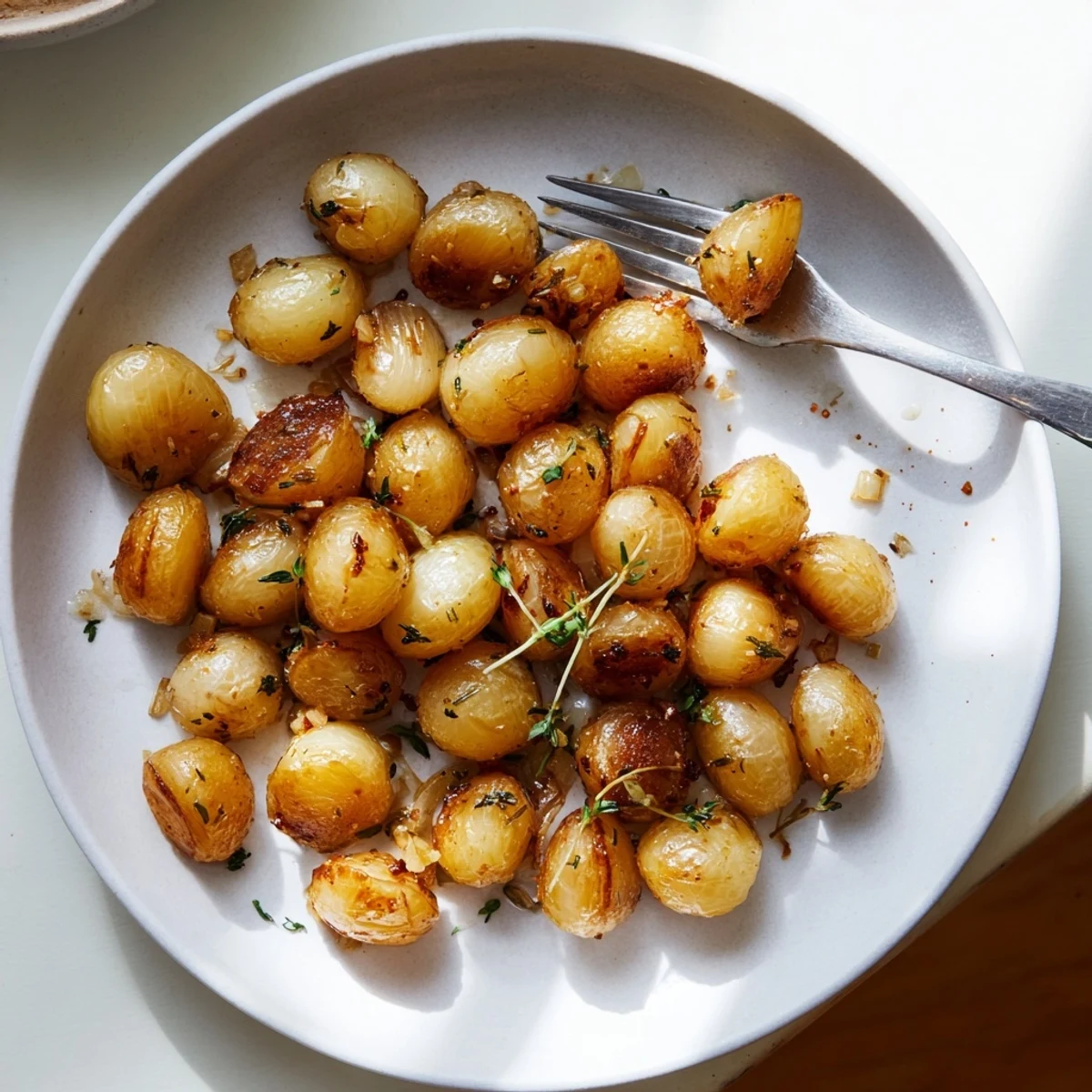 Golden air fried pearl onions with crispy edges served in a rustic bowl