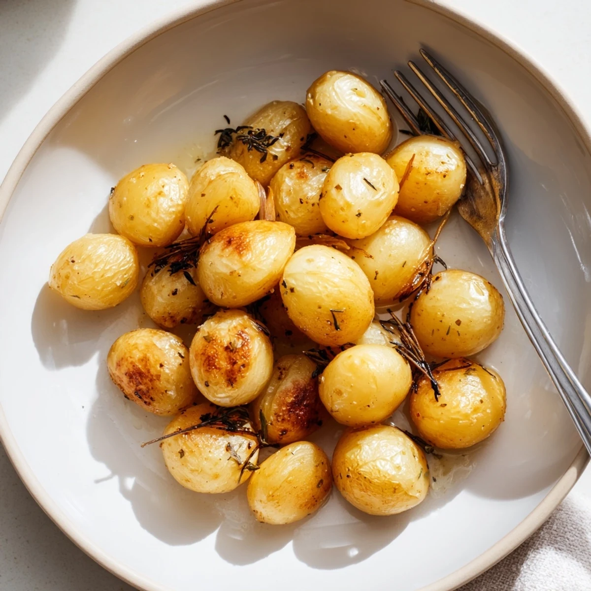 Caramelized air fried pearl onions piled on a plate as a savory side dish