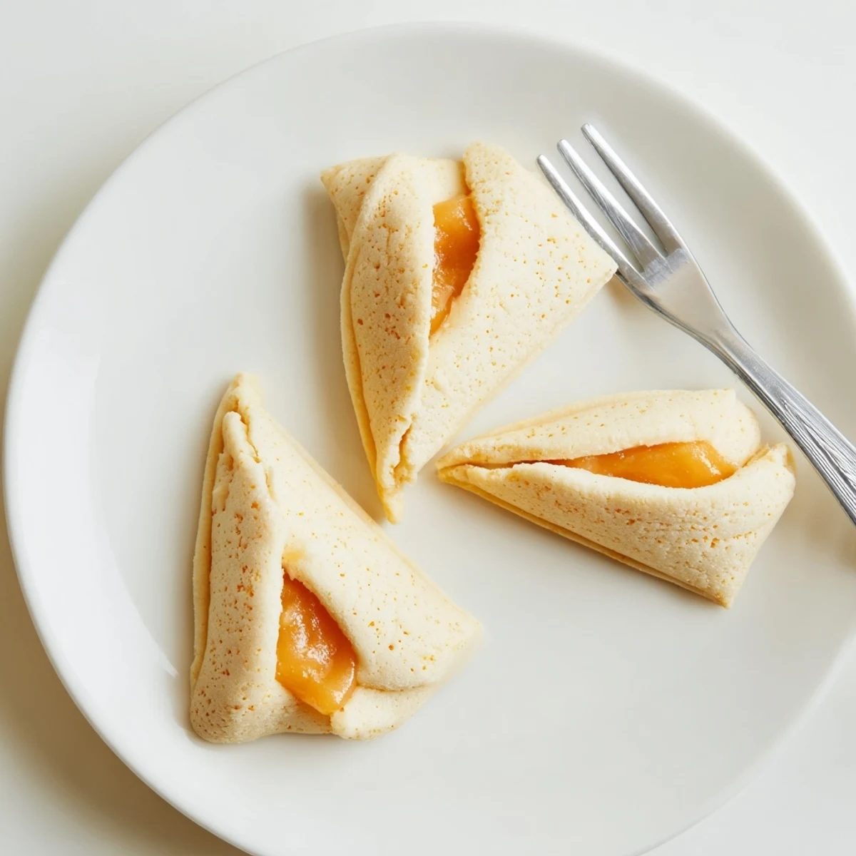 Creamsicle hamentaschen cookies shaped into triangles dusted with powdered sugar