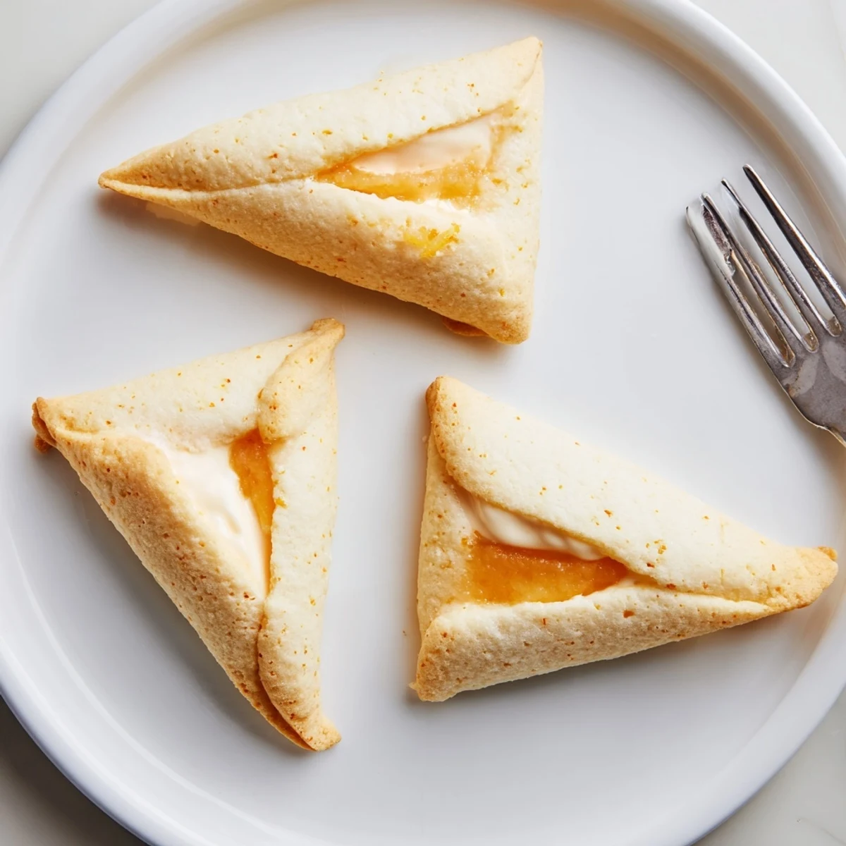 Golden creamsicle hamentaschen fresh from the oven with creamy orange filling