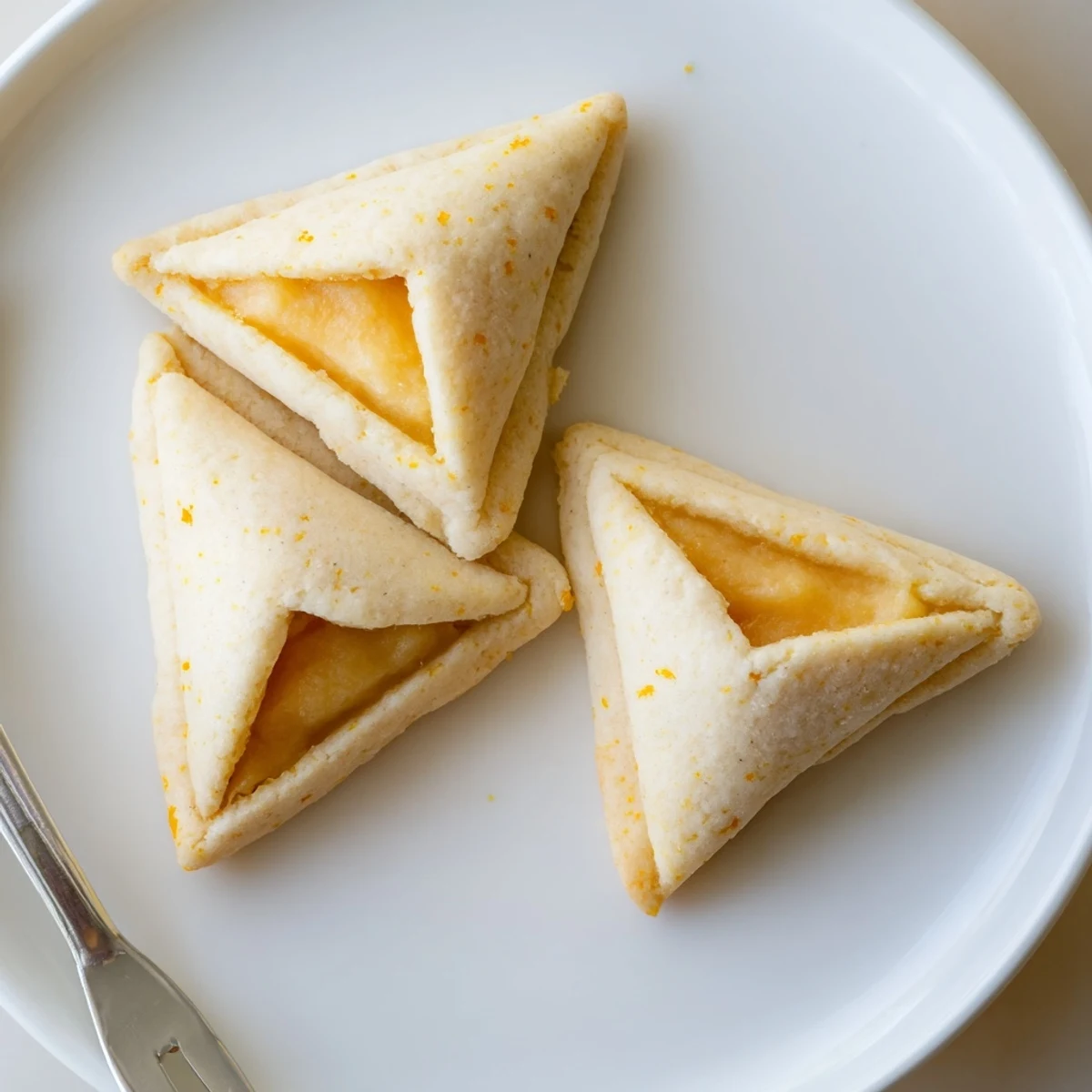 Close-up of creamsicle hamentaschen showcasing buttery crust and vibrant citrus center