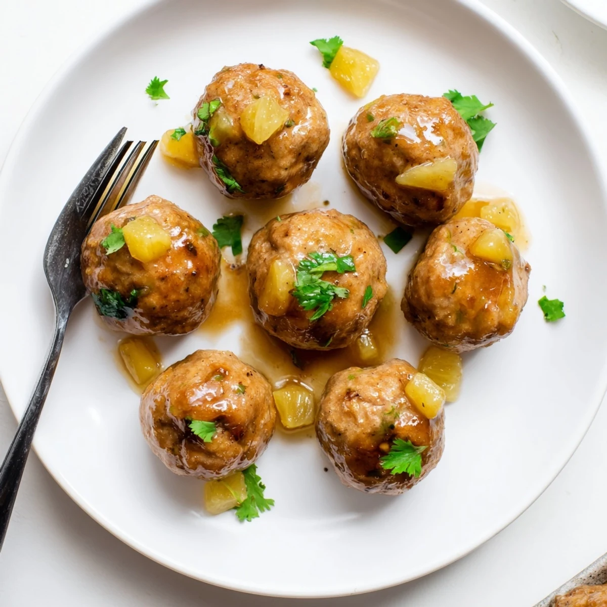 Juicy sweet pineapple chicken meatballs garnished with cilantro served over steamed white rice