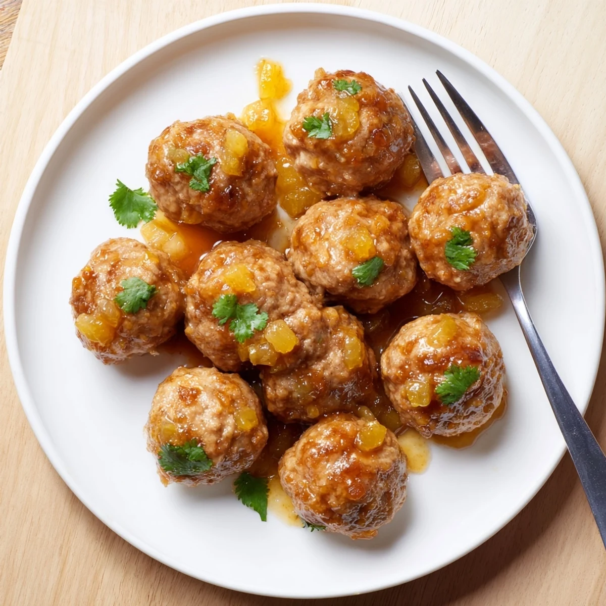 Golden sweet pineapple chicken meatballs coated in glossy tangy sauce on a white plate