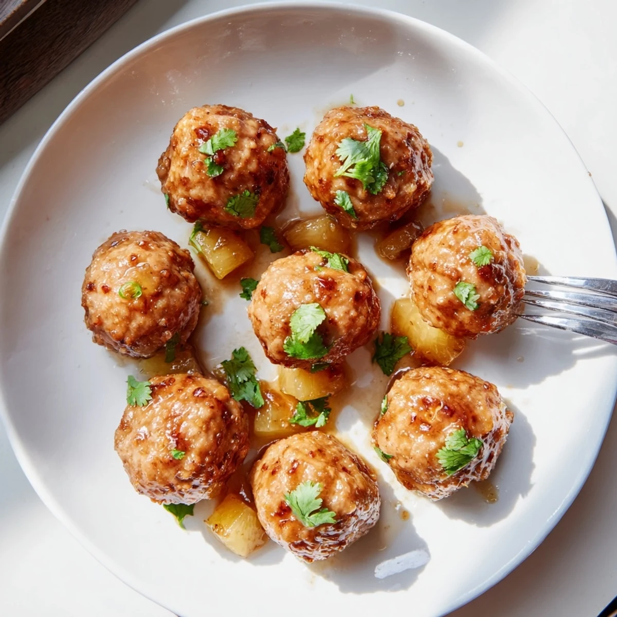 Skillet of sweet pineapple chicken meatballs glistening with sticky sauce and colorful pineapple chunks