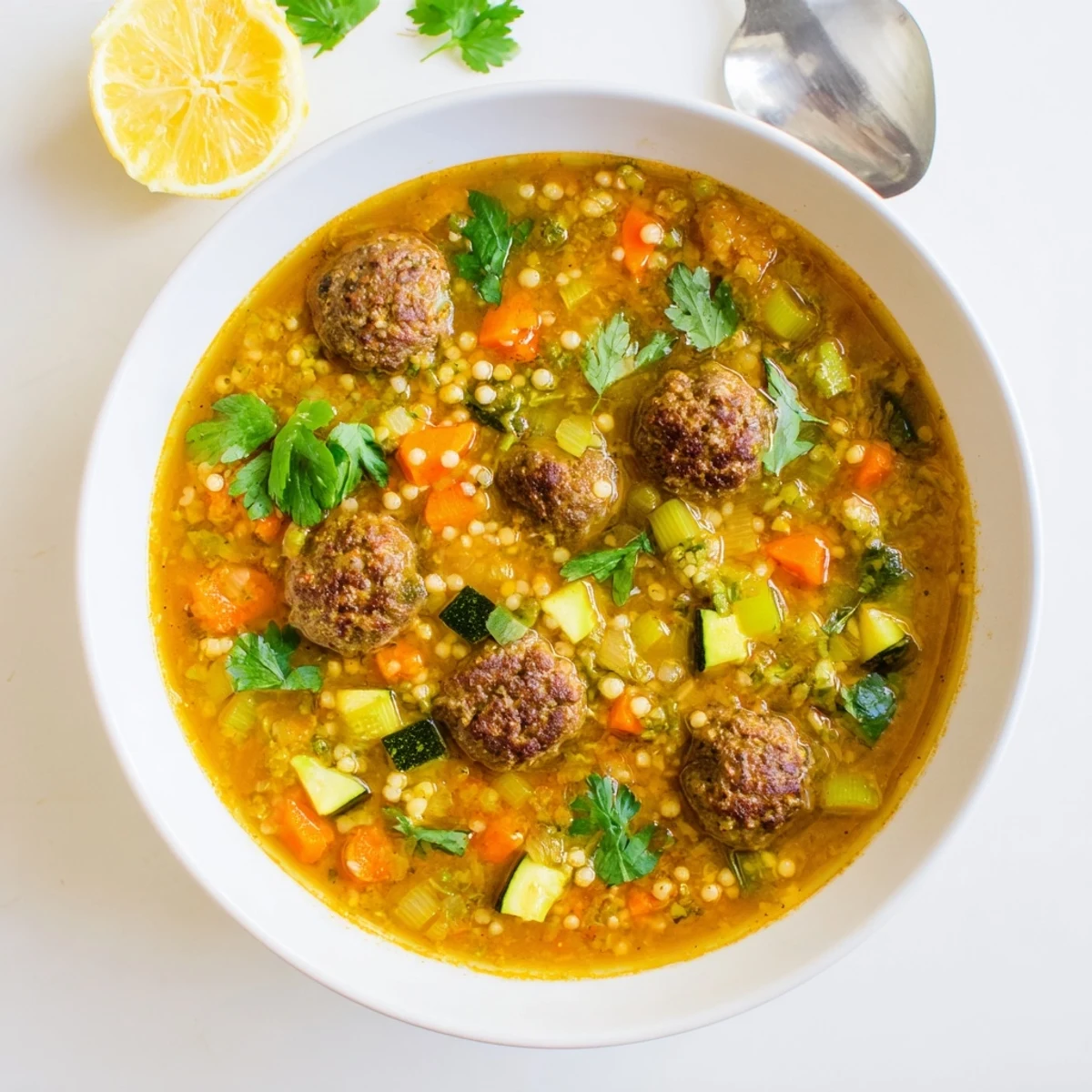 Steaming bowl of Moroccan meatball couscous soup topped with fresh cilantro and lemon