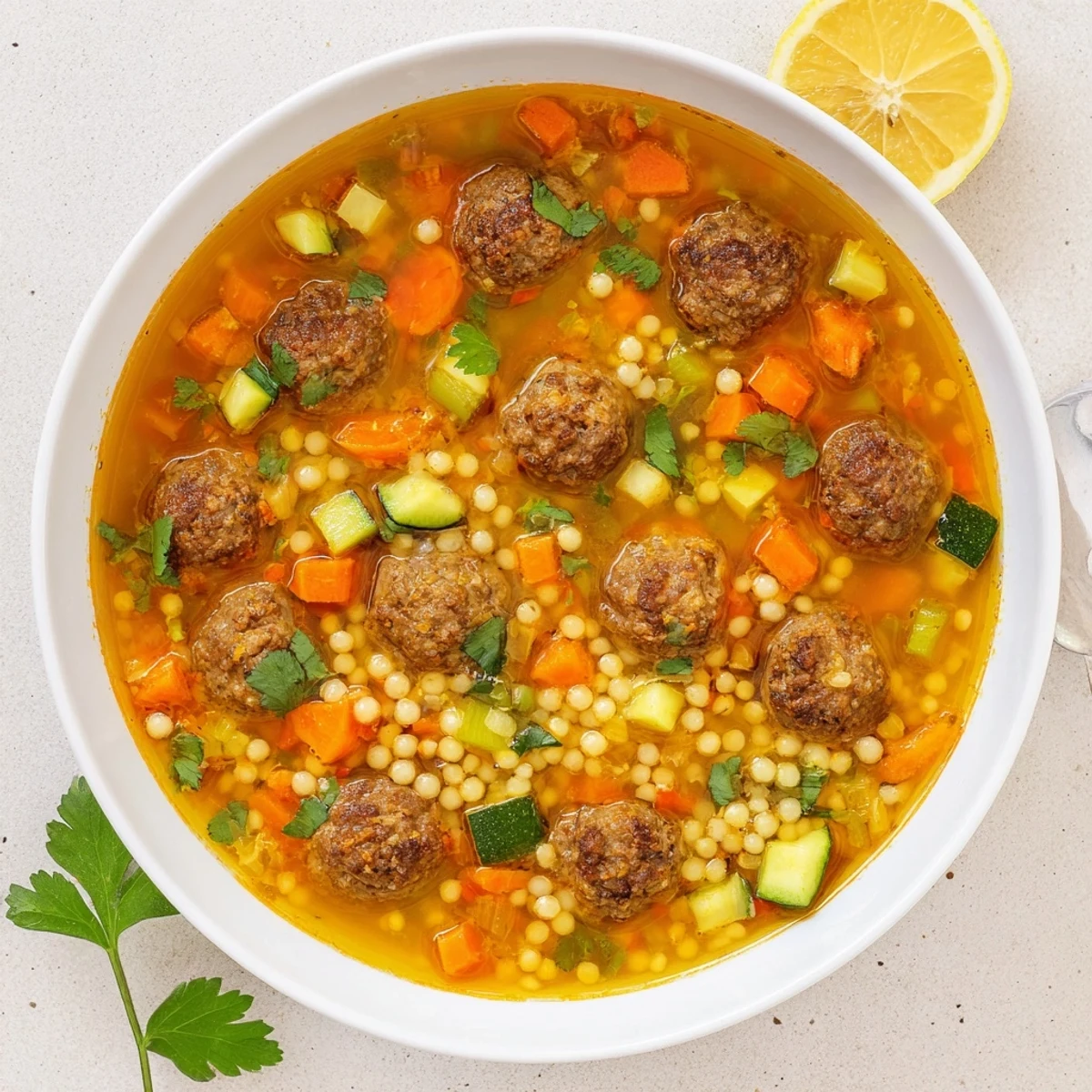 Golden spiced mini meatballs and tender vegetables floating in aromatic Moroccan couscous soup