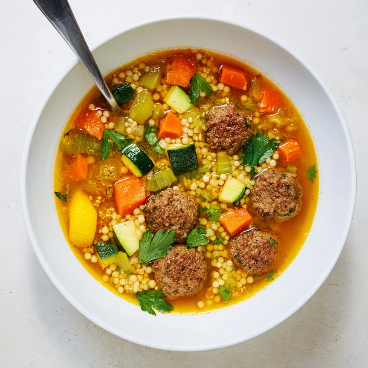 Close-up of Moroccan meatball couscous soup with fluffy grains diced carrots and herbs