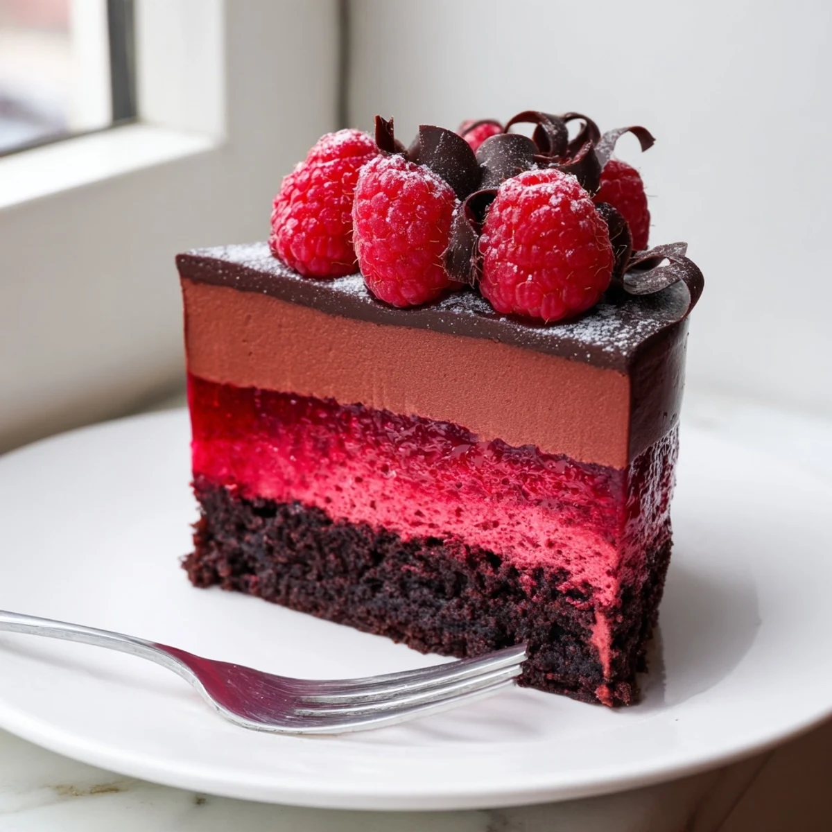 Silky chocolate mousse and vibrant raspberry layer shine in this elegant Raspberry Chocolate Mousse Cake