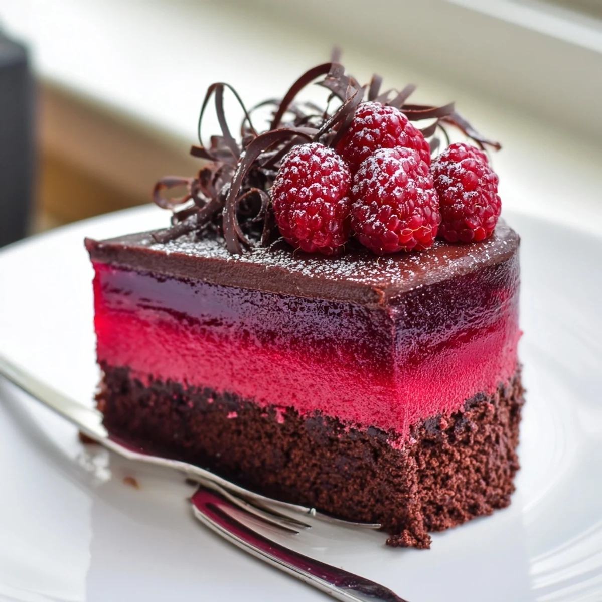 A glossy slice of Raspberry Chocolate Mousse Cake topped with fresh berries and chocolate curls