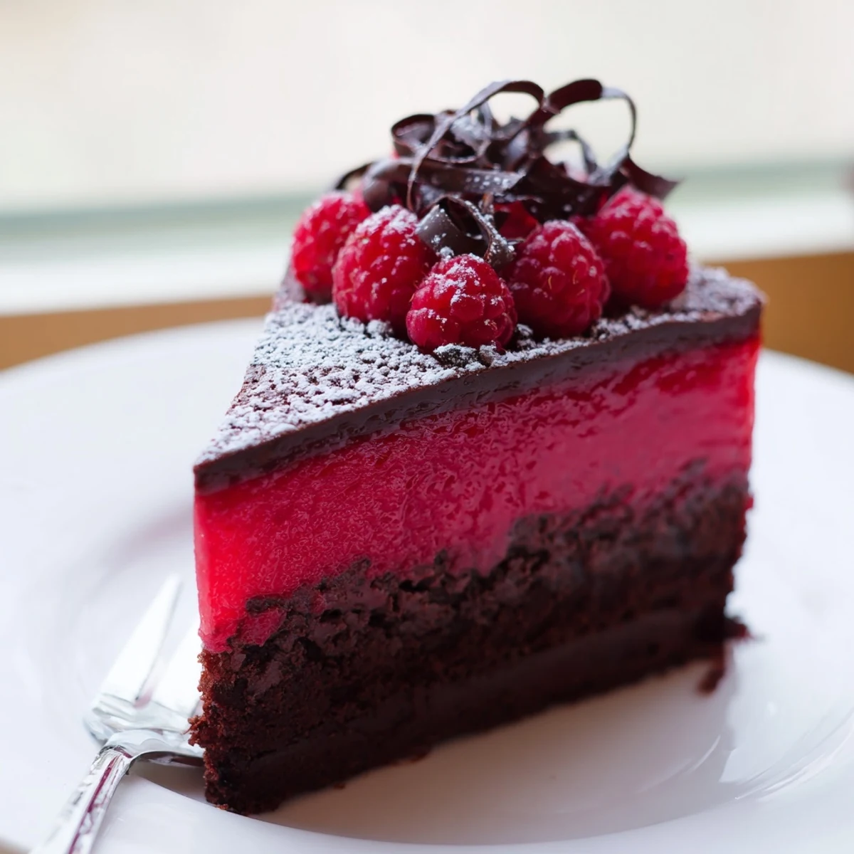 Rich Raspberry Chocolate Mousse Cake plated on a white dish with a dusting of powdered sugar
