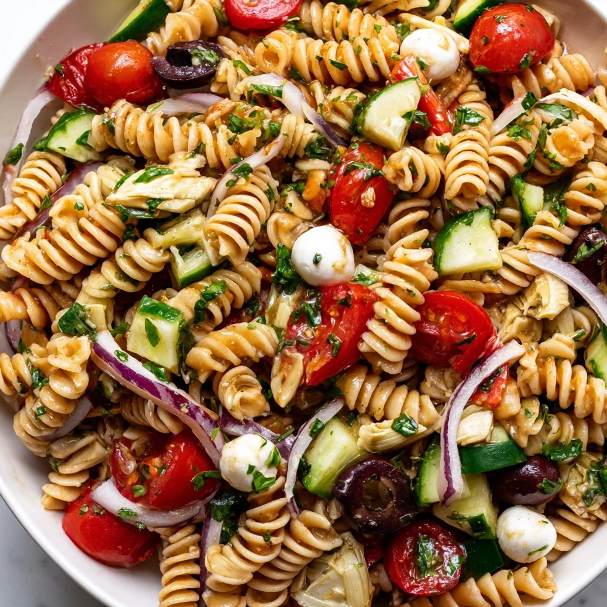 Vegetarian Italian pasta salad loaded with juicy tomatoes, olives, and fresh mozzarella pearls