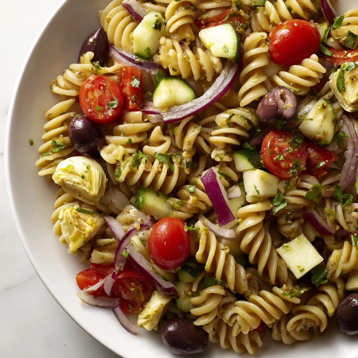 Colorful vegetarian Italian pasta salad tossed with crisp vegetables and tangy vinaigrette