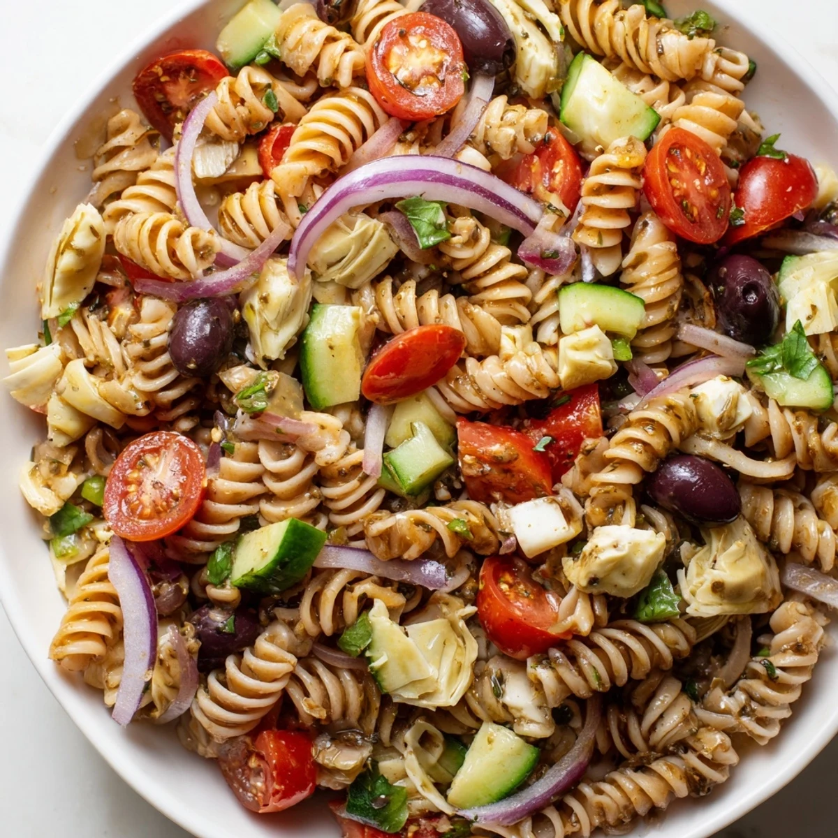 A vibrant vegetarian Italian pasta salad served in a bowl with fragrant basil leaves
